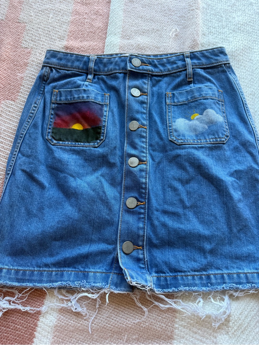 LOFT Blue Denim A-Line Skirt with Sunrise & Cloud Pocket Embroidery